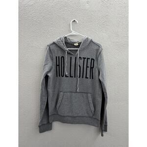 Hollister Mens Sweatshirt Size Small Gray Logo Hooded Pullover V-Neck